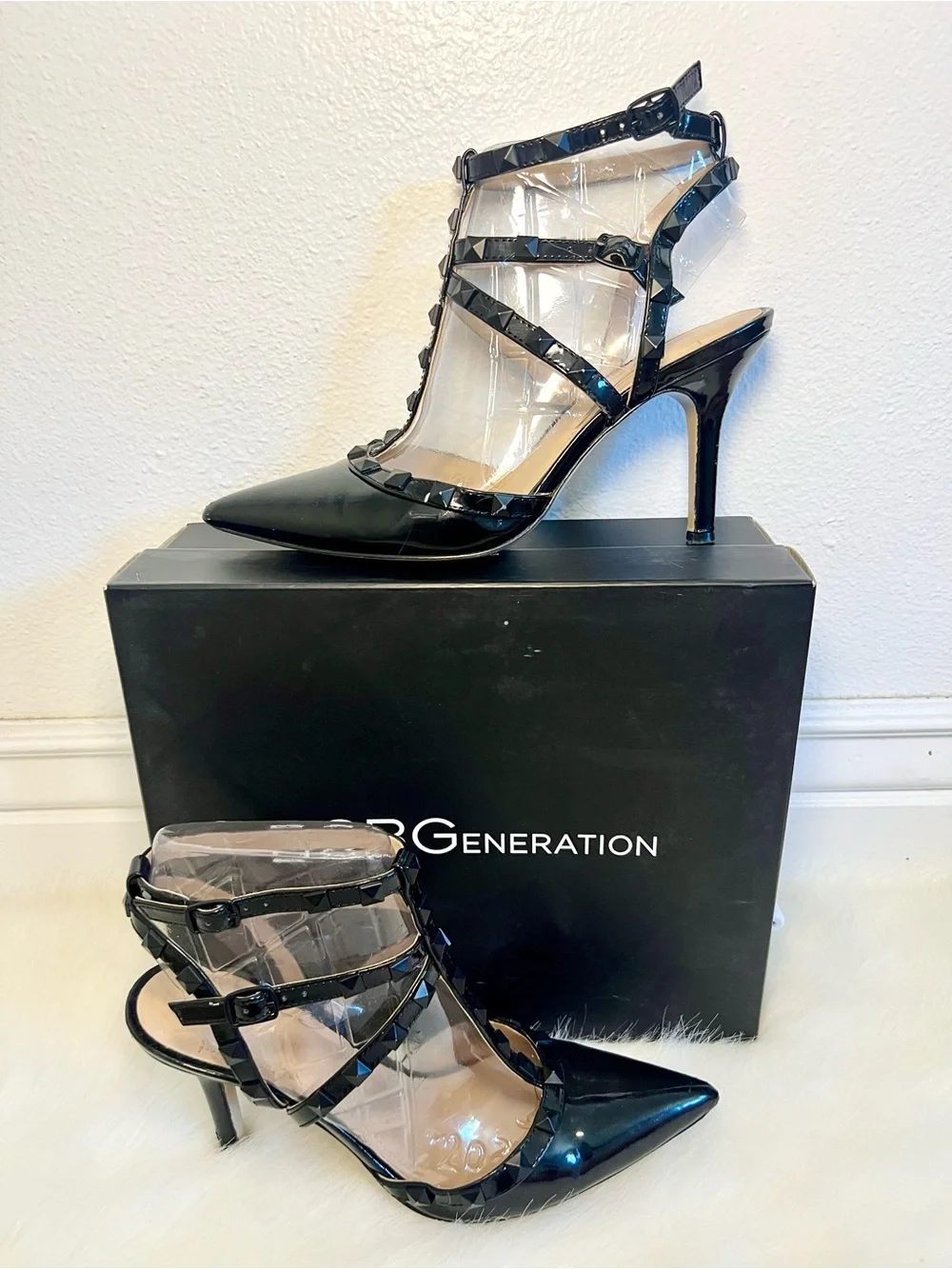 BCBGeneration Darron Black Studded Strappy Pointed-Toe High Heels